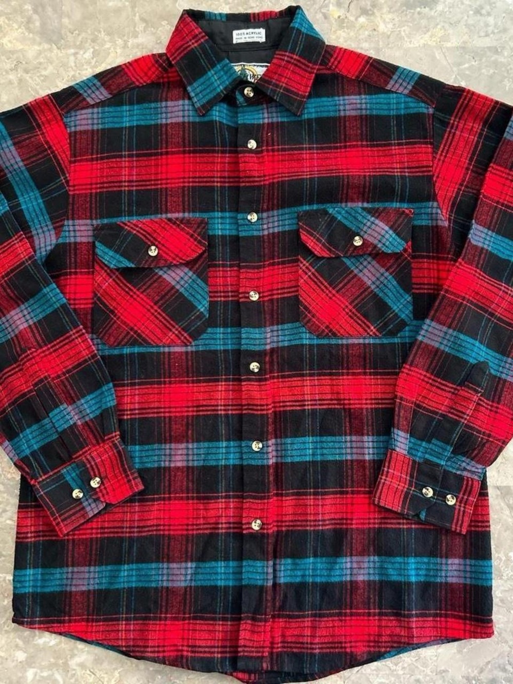 Vintage 1980s Northwest Territory Plaid Flannel Shirt Mens M Acrylic Hong Kong